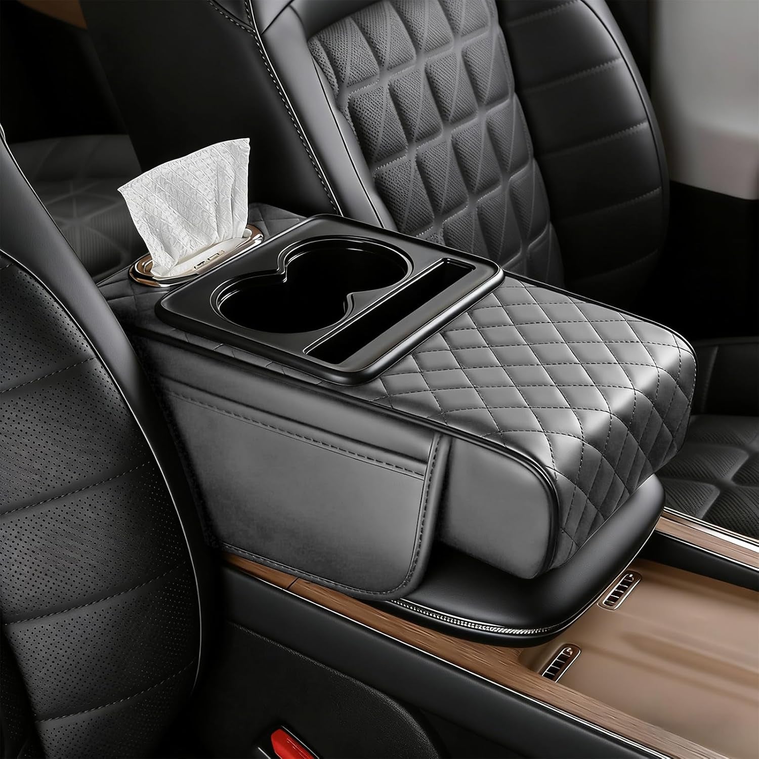 Elevate Your Drive: Universal Leather Armrest Cushion with Storage & Cup Holder - Waterproof Light Gray Interior Accessory