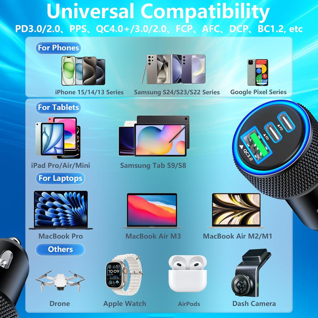 Apple MFi Certified iPhone 17 Fast Car Charger - 3-Port 67W USB-C & USB-A with Braided Type-C Cord for iPhone 17/17 Pro Max/16 Pro/15/Galaxy S26/S25/Pixel