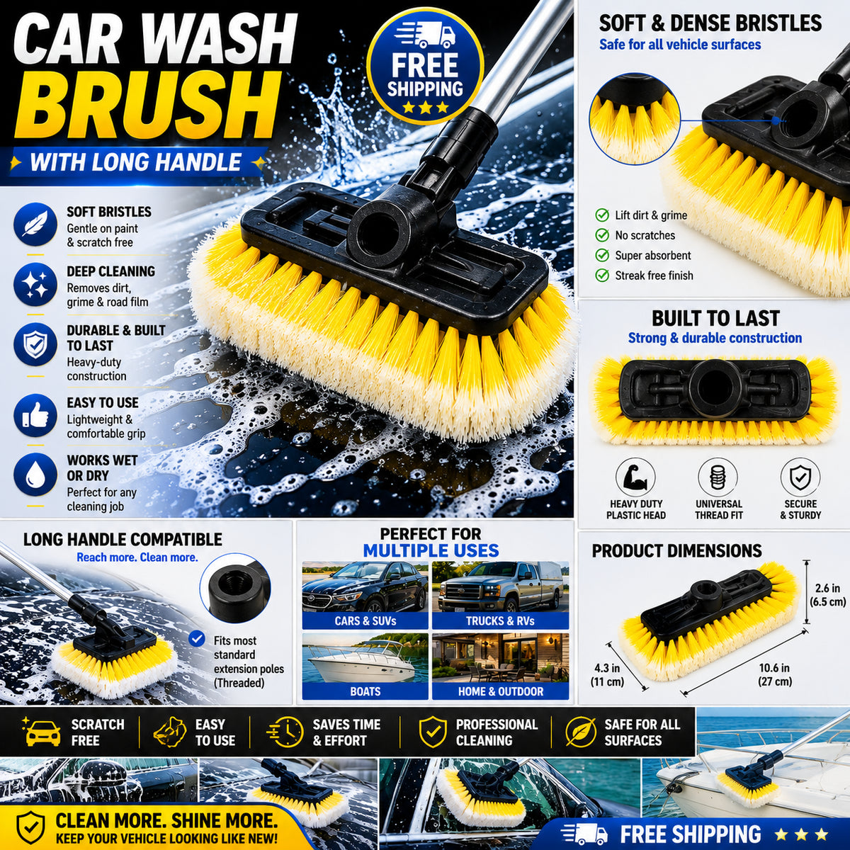 Soft Bristle Car Wash Brush Head- Gentle Auto Cleaning Tool
