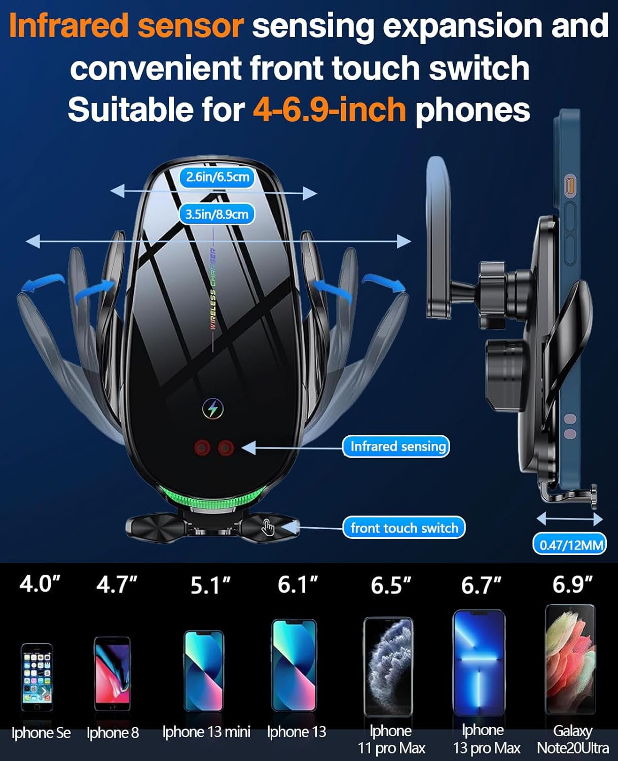 Rapid 15W Wireless Car Charger with Smart Auto-Clamping Mount - Perfect for iPhone 15/14/13/12/11 Pro Max and Samsung Galaxy - Effortless Charging for Your Drive!