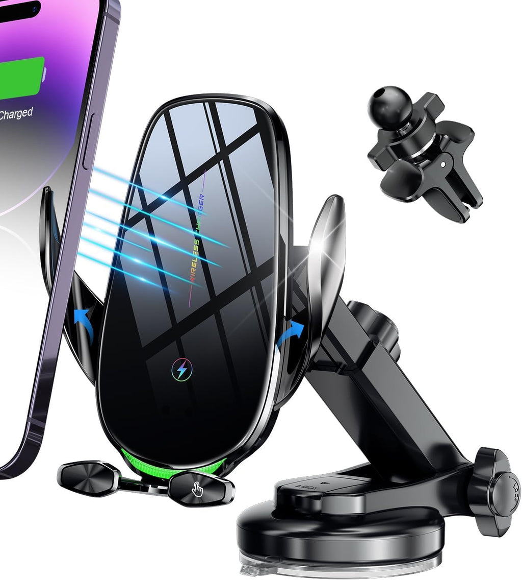 Rapid 15W Wireless Car Charger with Smart Auto-Clamping Mount - Perfect for iPhone 15/14/13/12/11 Pro Max and Samsung Galaxy - Effortless Charging for Your Drive!
