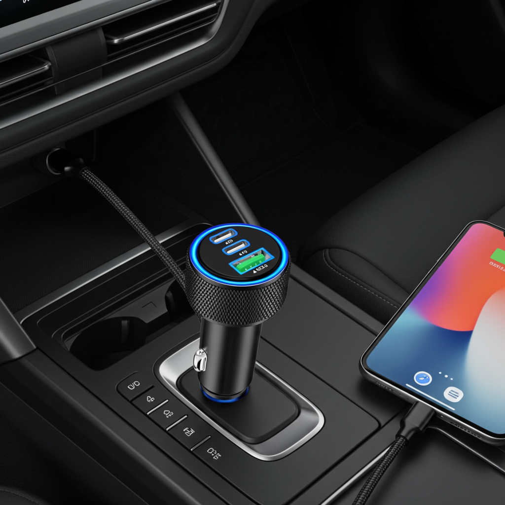 A black 5-in-1 car cigarette lighter multi-port charger with blue LED accents sits in the center console of a car, plugged into a power port. A smartphone is connected via a cable on the right, and the product's display shows multiple charging ports.