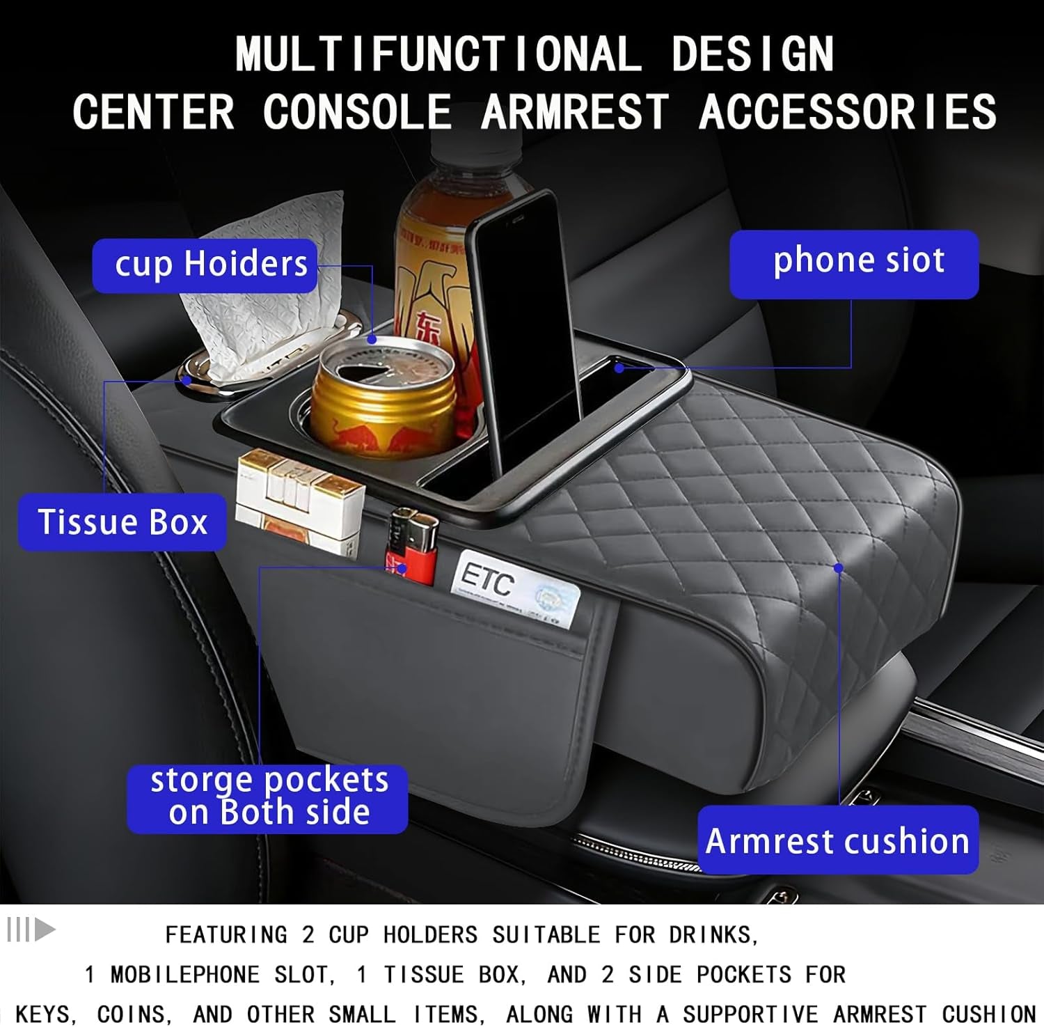 Elevate Your Drive: Universal Leather Armrest Cushion with Storage & Cup Holder - Waterproof Light Gray Interior Accessory
