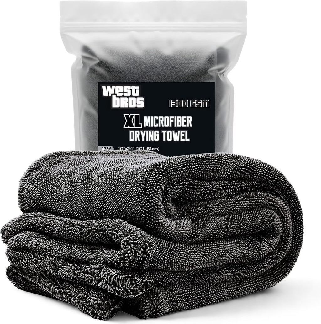 Microfiber Car Drying Towel 1300 GSM Double Twisted Loop – Premium Extra Large Auto Wash Towel for Cars Trucks SUV - Super Absorbent Detailing Cleaning Cloth XL 40X24 1-Pack (Gray)