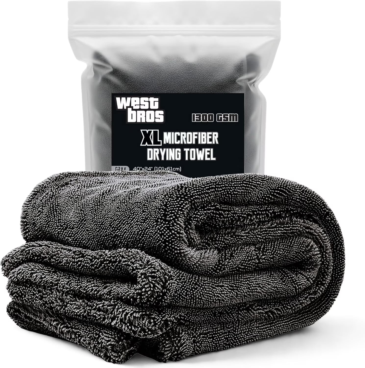 Microfiber Car Drying Towel 1300 GSM Double Twisted Loop – Premium Extra Large Auto Wash Towel for Cars Trucks SUV - Super Absorbent Detailing Cleaning Cloth XL 40X24 1-Pack (Gray)