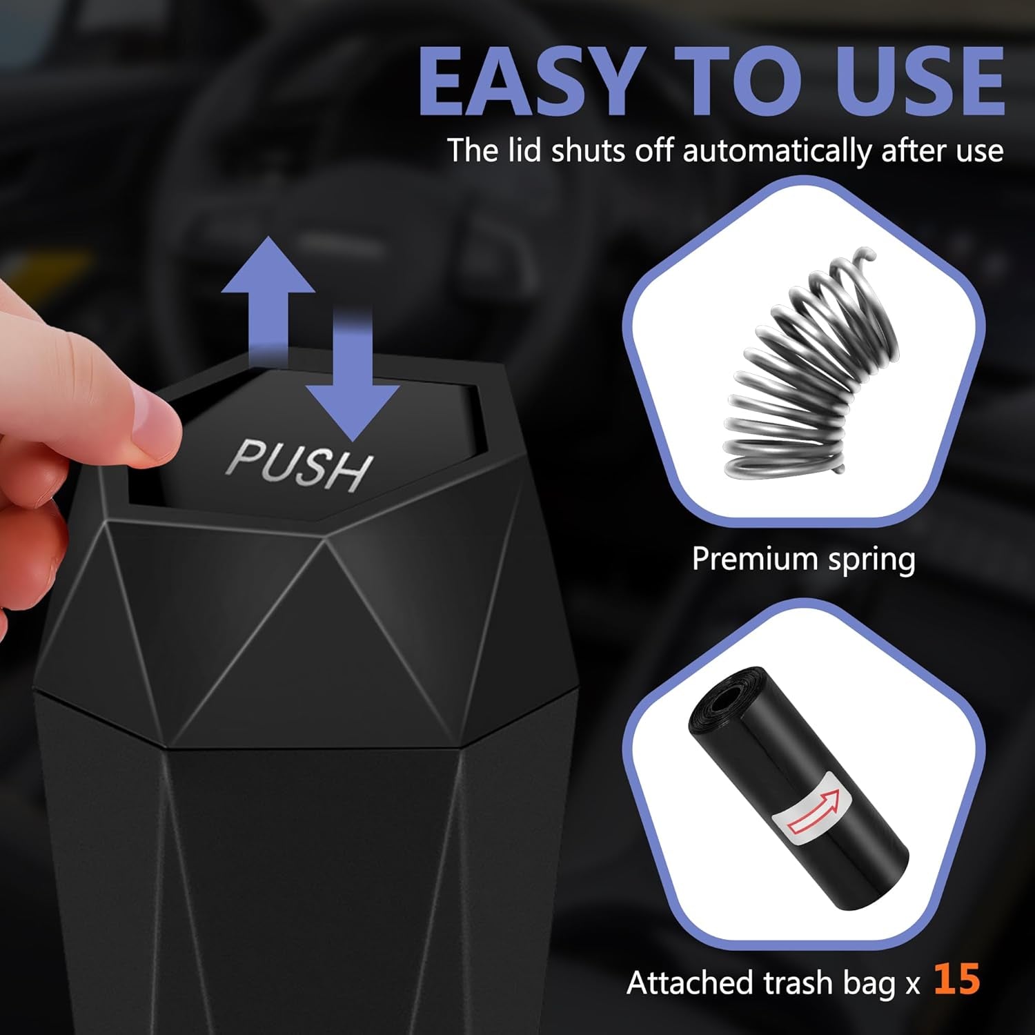 Deluxe Car Trash Can with Lid - 30 Leakproof Bags Included, Versatile Organizer for Vehicle, Home & Office
