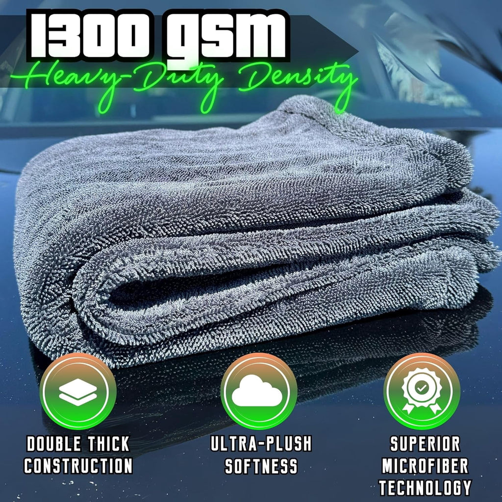Microfiber Car Drying Towel 1300 GSM Double Twisted Loop – Premium Extra Large Auto Wash Towel for Cars Trucks SUV - Super Absorbent Detailing Cleaning Cloth XL 40X24 1-Pack (Gray)