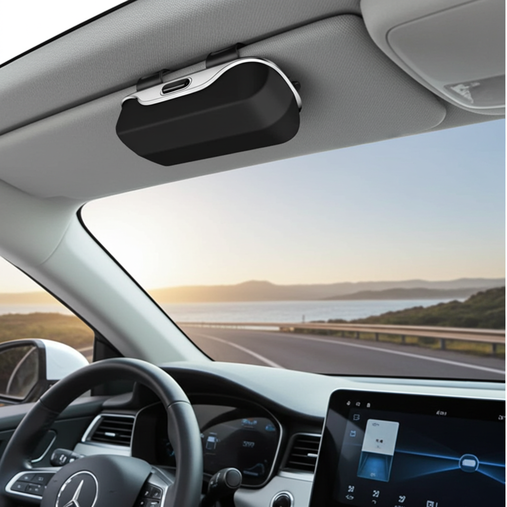 A black car-mounted sun visor extender attached to the interior ceiling of a Mercedes-Benz car, shown with a scenic road and sunset view outside the windshield.