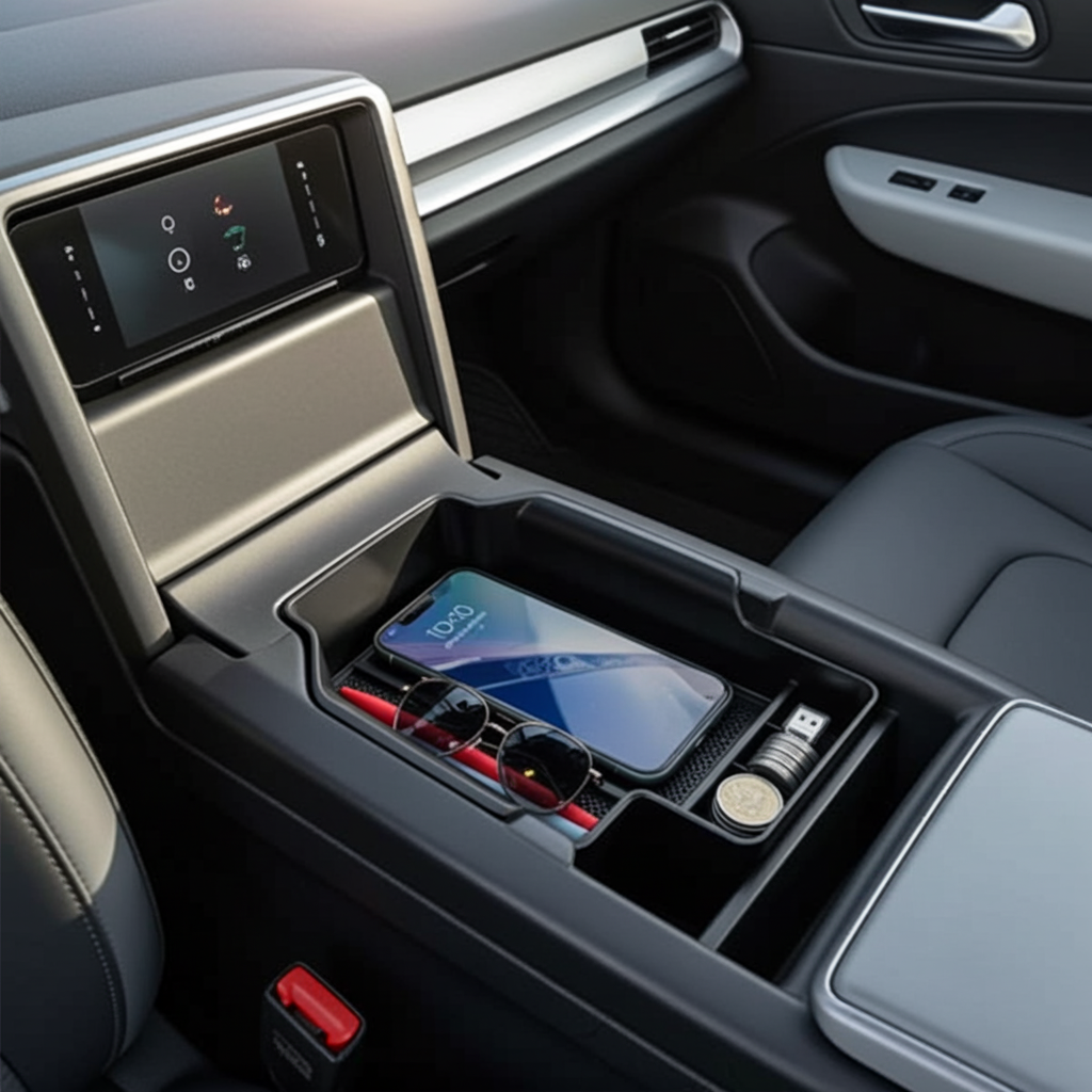 A close-up of a car center console with the storage compartment open, holding a smartphone, sunglasses, and small accessories. The console is dark gray with metallic silver trim, and the surrounding car interior is also dark gray and black.