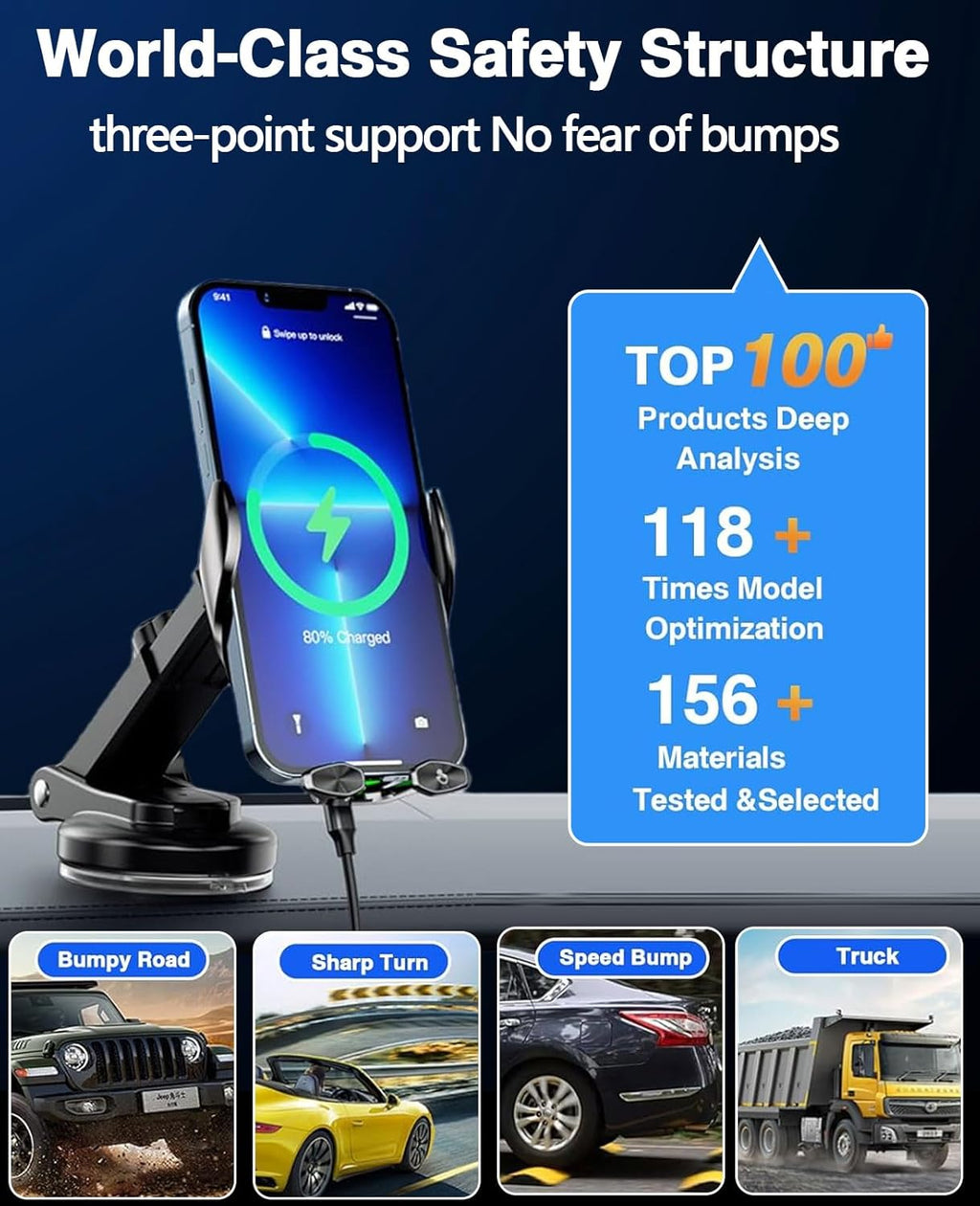 Rapid 15W Wireless Car Charger with Smart Auto-Clamping Mount - Perfect for iPhone 15/14/13/12/11 Pro Max and Samsung Galaxy - Effortless Charging for Your Drive!