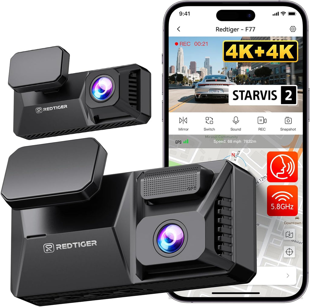 Experience Unmatched Clarity with the F77 4K Dual Dash Cam: Front & Rear Recording, Voice Control, Built-In WiFi, and 24-Hour Parking Monitoring!