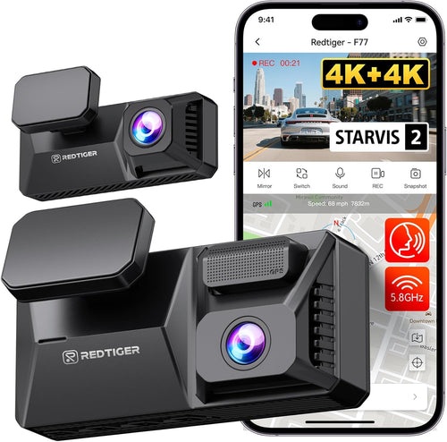 Experience Unmatched Clarity with the F77 4K Dual Dash Cam: Front & Rear Recording, Voice Control, Built-In WiFi, and 24-Hour Parking Monitoring!