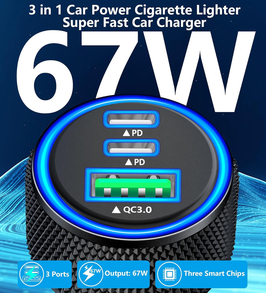 Apple MFi Certified iPhone 17 Fast Car Charger - 3-Port 67W USB-C & USB-A with Braided Type-C Cord for iPhone 17/17 Pro Max/16 Pro/15/Galaxy S26/S25/Pixel