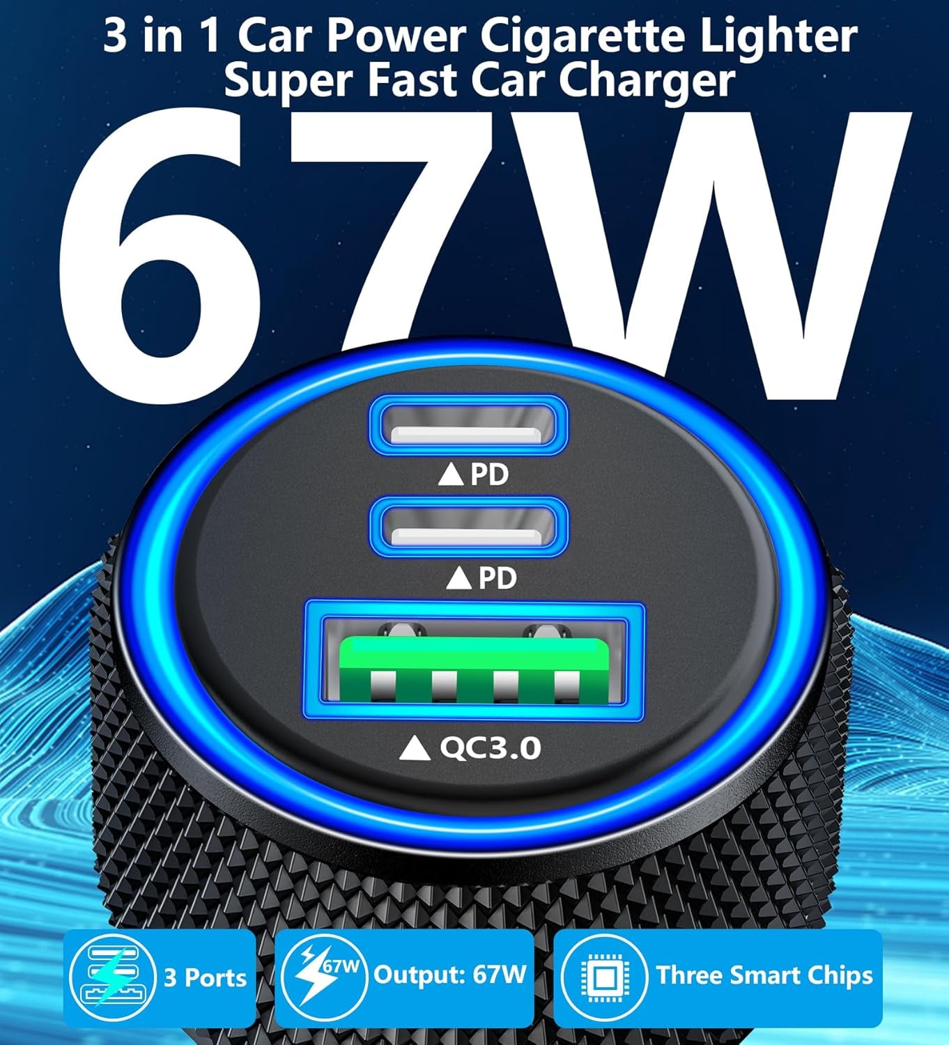 Apple MFi Certified iPhone 17 Fast Car Charger - 3-Port 67W USB-C & USB-A with Braided Type-C Cord for iPhone 17/17 Pro Max/16 Pro/15/Galaxy S26/S25/Pixel