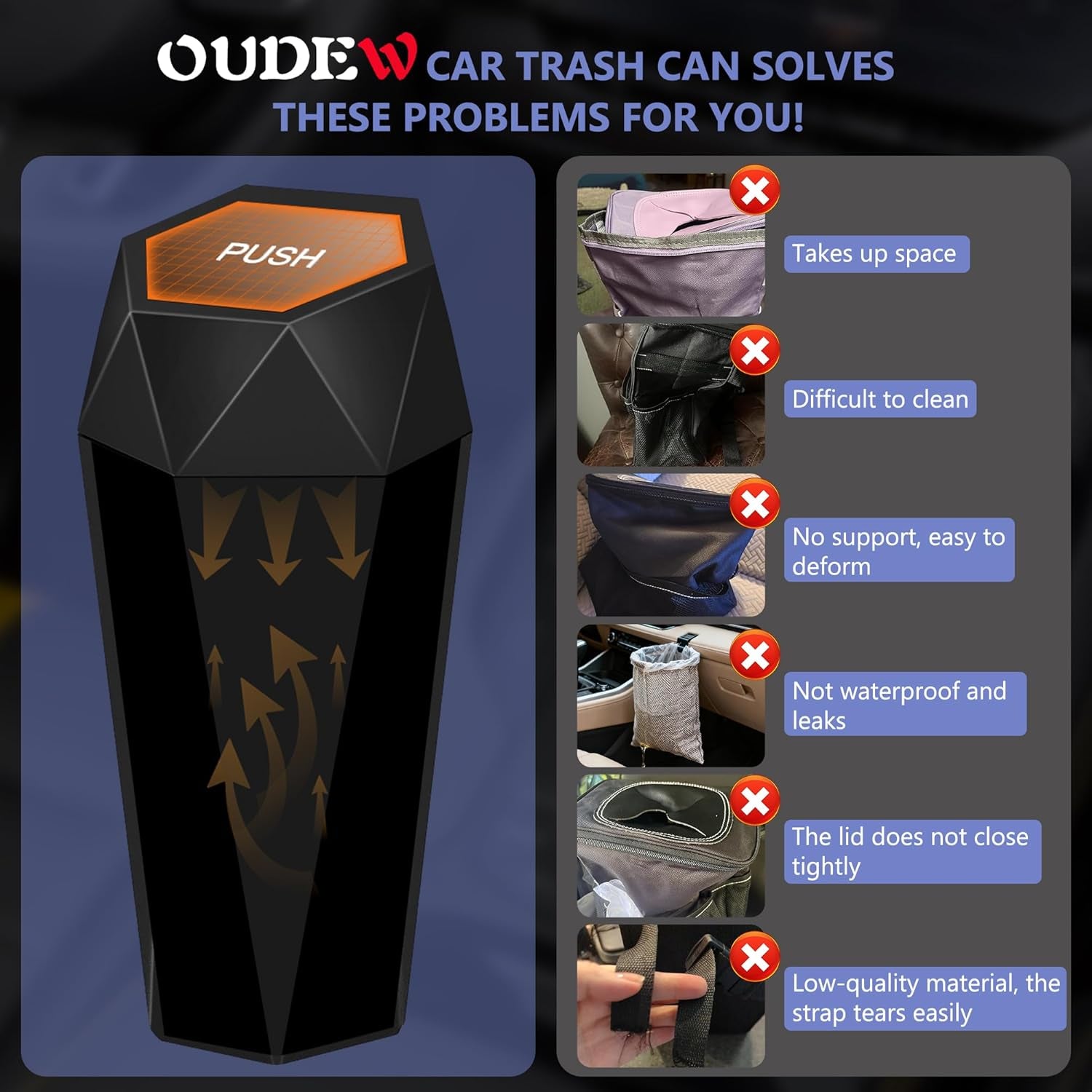 Deluxe Car Trash Can with Lid - 30 Leakproof Bags Included, Versatile Organizer for Vehicle, Home & Office