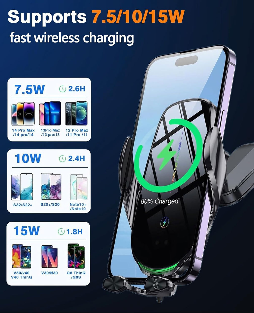 Rapid 15W Wireless Car Charger with Smart Auto-Clamping Mount - Perfect for iPhone 15/14/13/12/11 Pro Max and Samsung Galaxy - Effortless Charging for Your Drive!