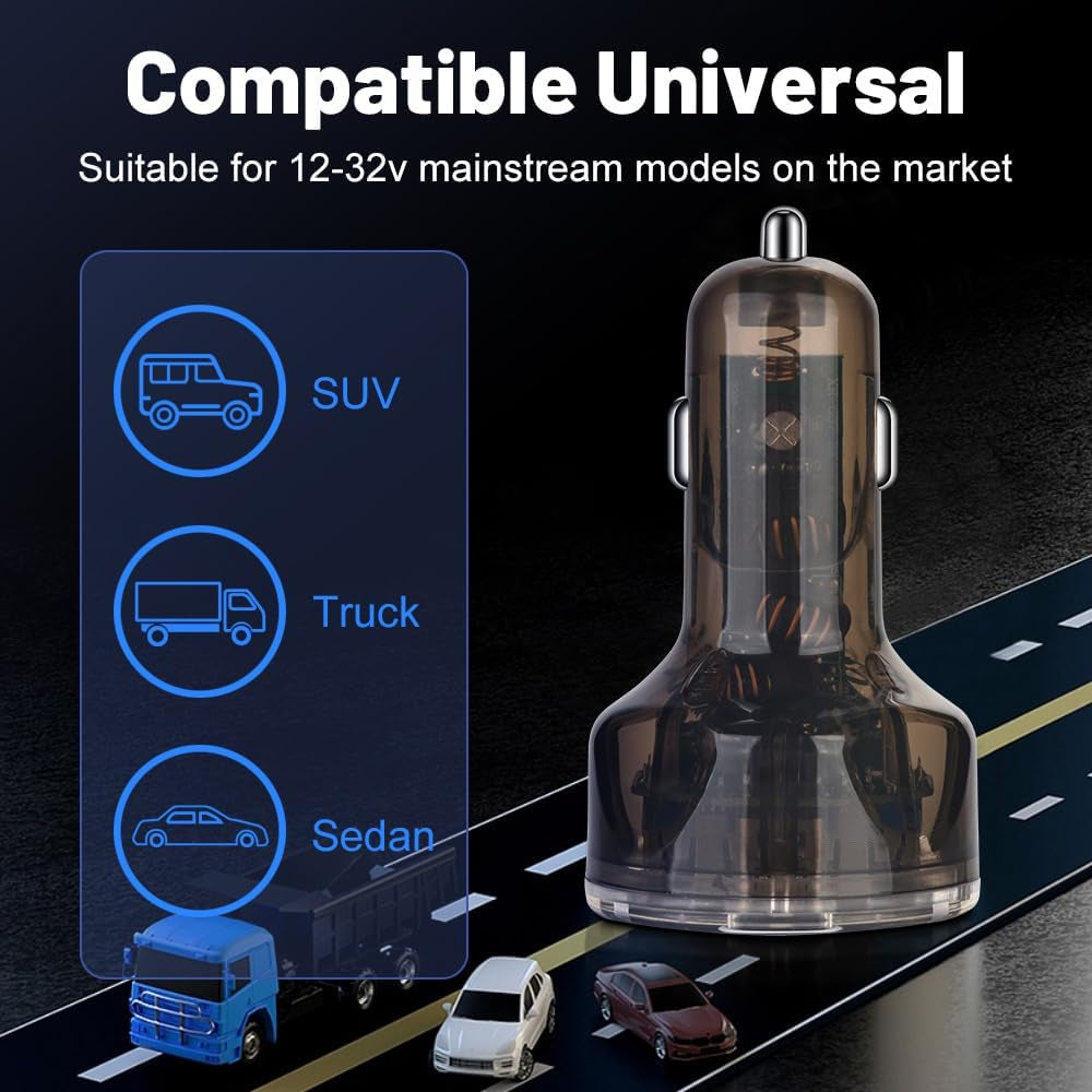 65W Multi-Port USB C Car Charger Adapter - Super Fast Charging with Voltage Display for iPhone, Android, Samsung, iPad, and More