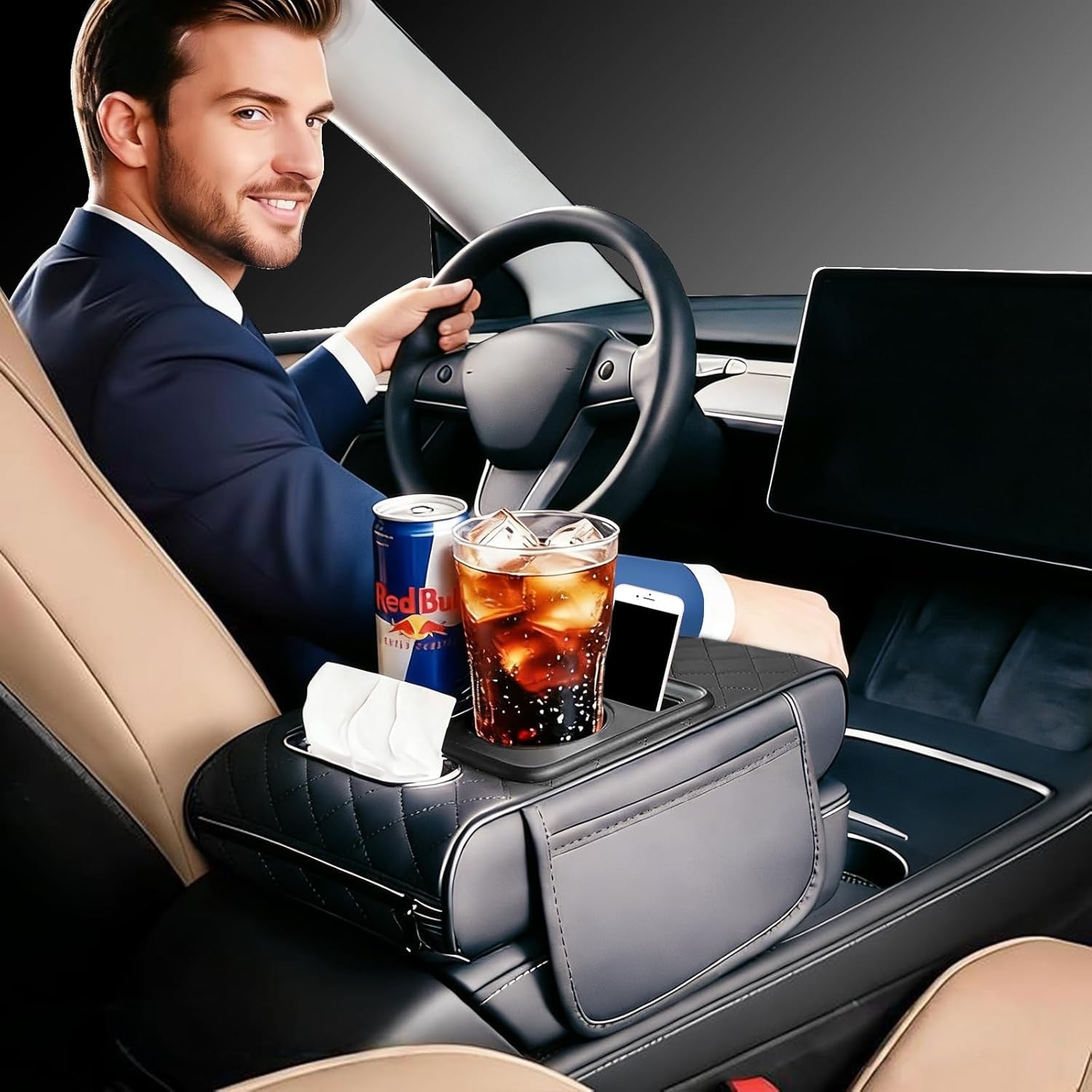 Elevate Your Drive: Universal Leather Armrest Cushion with Storage & Cup Holder - Waterproof Light Gray Interior Accessory