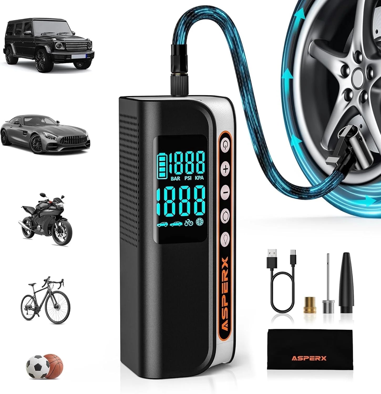 Powerful 160PSI Portable Electric Tire Inflator - Smart Pressure Detection, LED Light & Automatic Shutoff for Ultimate Safety
