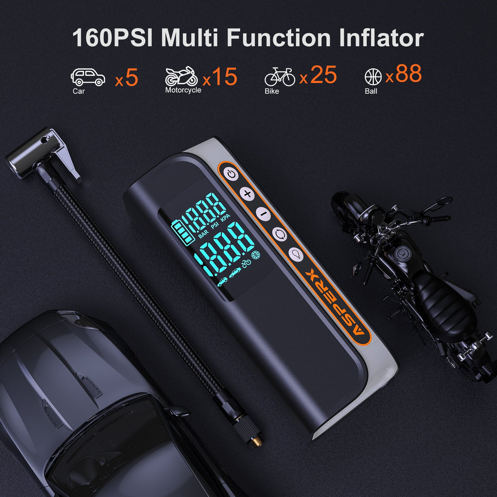 Powerful 160PSI Portable Electric Tire Inflator - Smart Pressure Detection, LED Light & Automatic Shutoff for Ultimate Safety