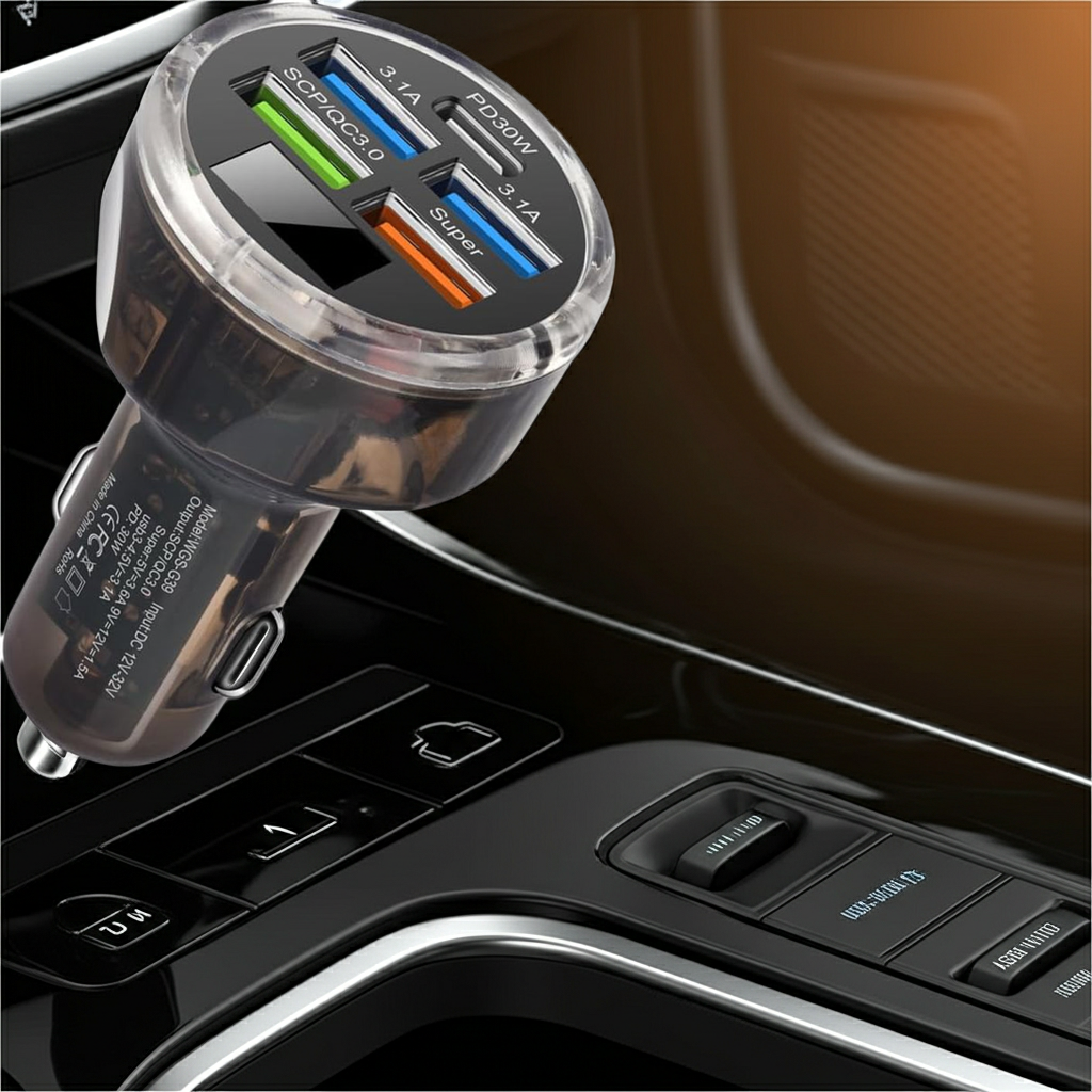 VELOX 65W Fast Car Charger — Multi-Port USB-C with Voltage Display
