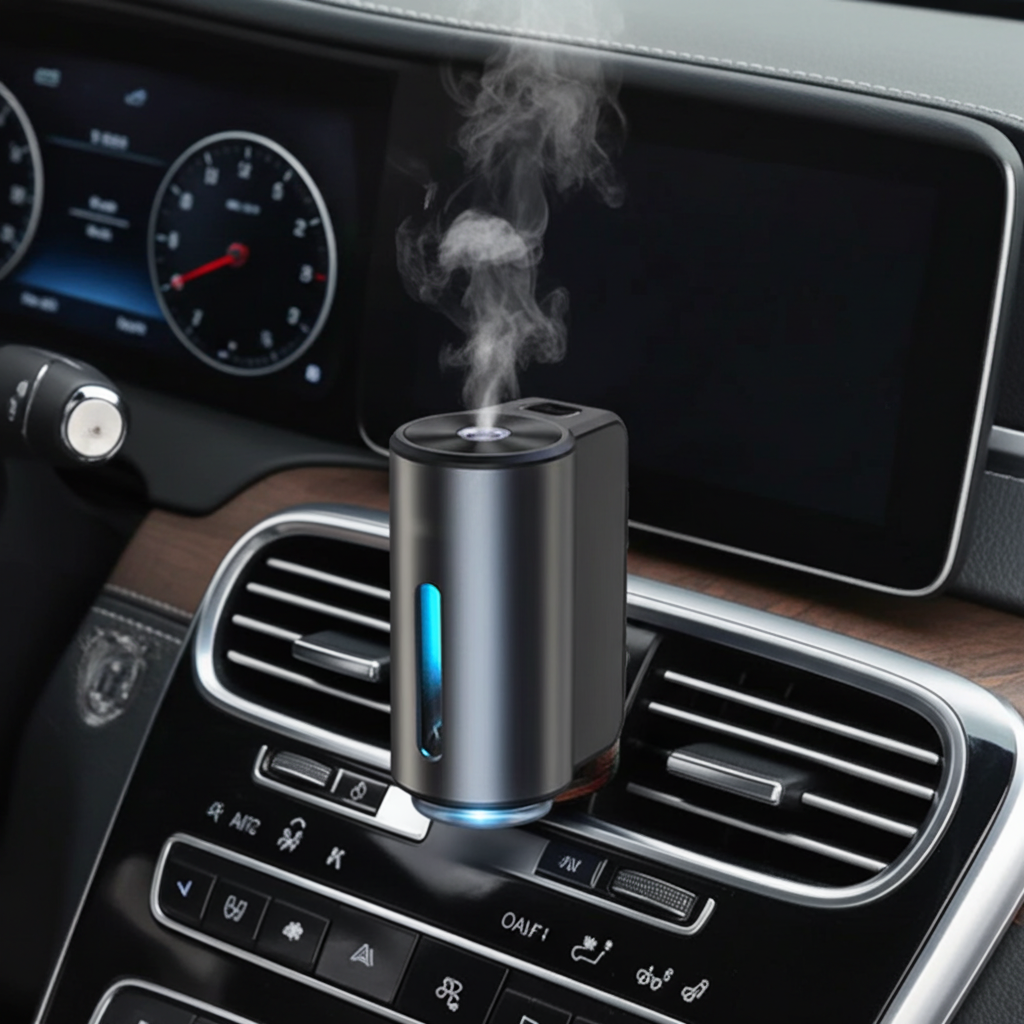A cylindrical car air humidifier and diffuser emitting a visible plume of steam, placed on a car dashboard vent.